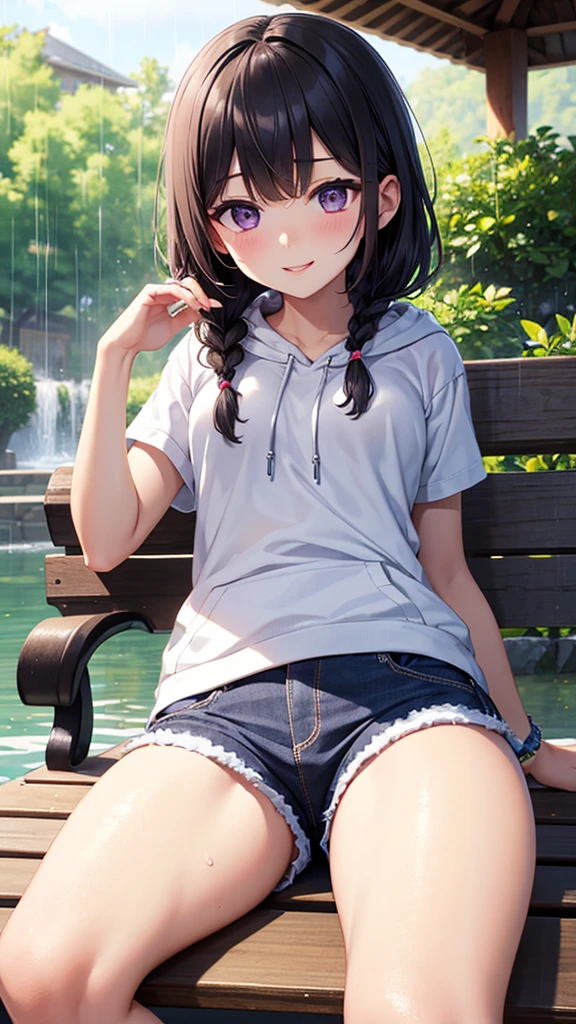 10 years old,Girl,,Flat Chest,Full nudity,From the back,Highest quality、High resolution、Detailed Background、Beautiful face in every detail、Teenage Beauty、Black Hair、Shortcuts、Embarrassing、boost mood、 Summer sun、Shining Sea,Hands behind back