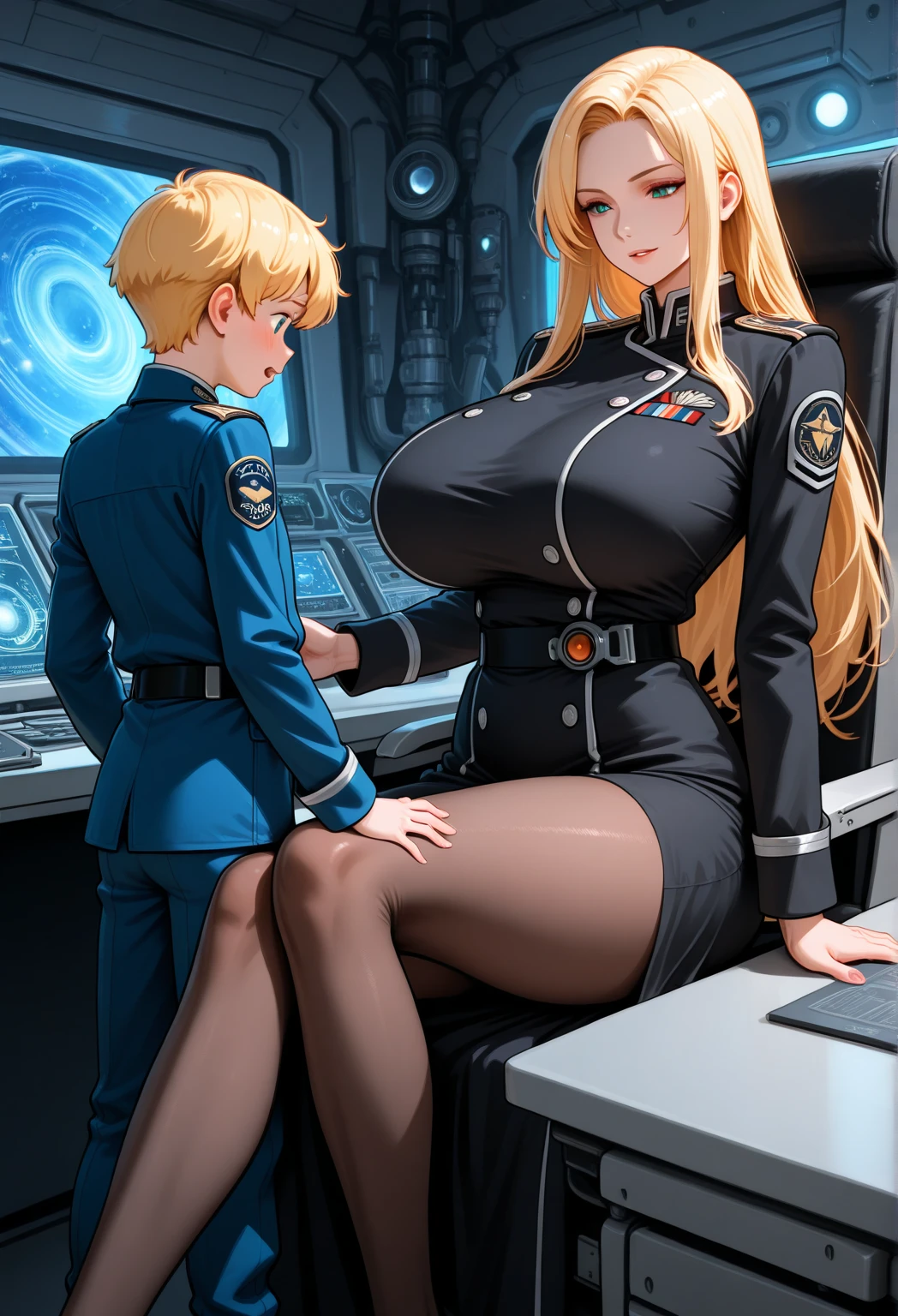 Best quality)), ((masterpiece)), (detailed), 1 girl, whore,1 man, A man rapes a girl, on a spaceship, dressed in a short sexy uniform, form from the star wars universe, Detailed slim body, detailed blonde hair, big swollen lips, long hair, athletic body, hourglass body, Slim waist, Big hips, detailed face of a whore, Stunning face, small cheekbones, big eyes, hard sex, Orgasm, lustful look, Bright blue eyes, massive protruding breasts,big breasts, erect nipples, pierced nipples, Nipple piercing, large belly button piercing, wearing a military uniform, Short form, Sexual form, arched her back, sexy pose, spaceship