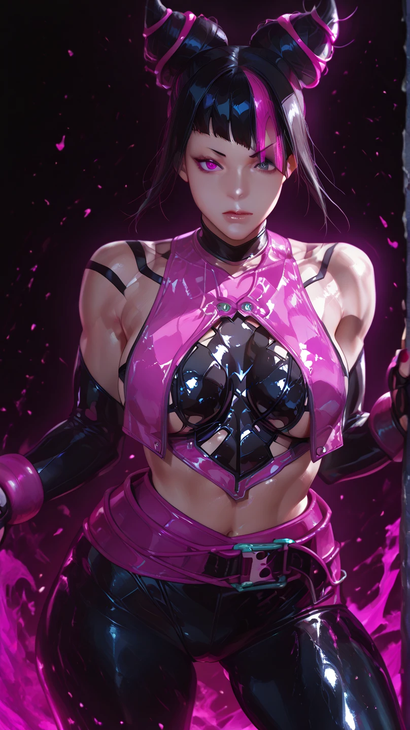 Chun Li of the fallen. Working for Evil. (hightquality)Full body stockings. transparent stockings. black long gloves and long boots. slave costume. Open your eyes. shout out. Glowing pink eyes. Eyes without highlights. deadpan. The corner of his mouth smiles slightly.