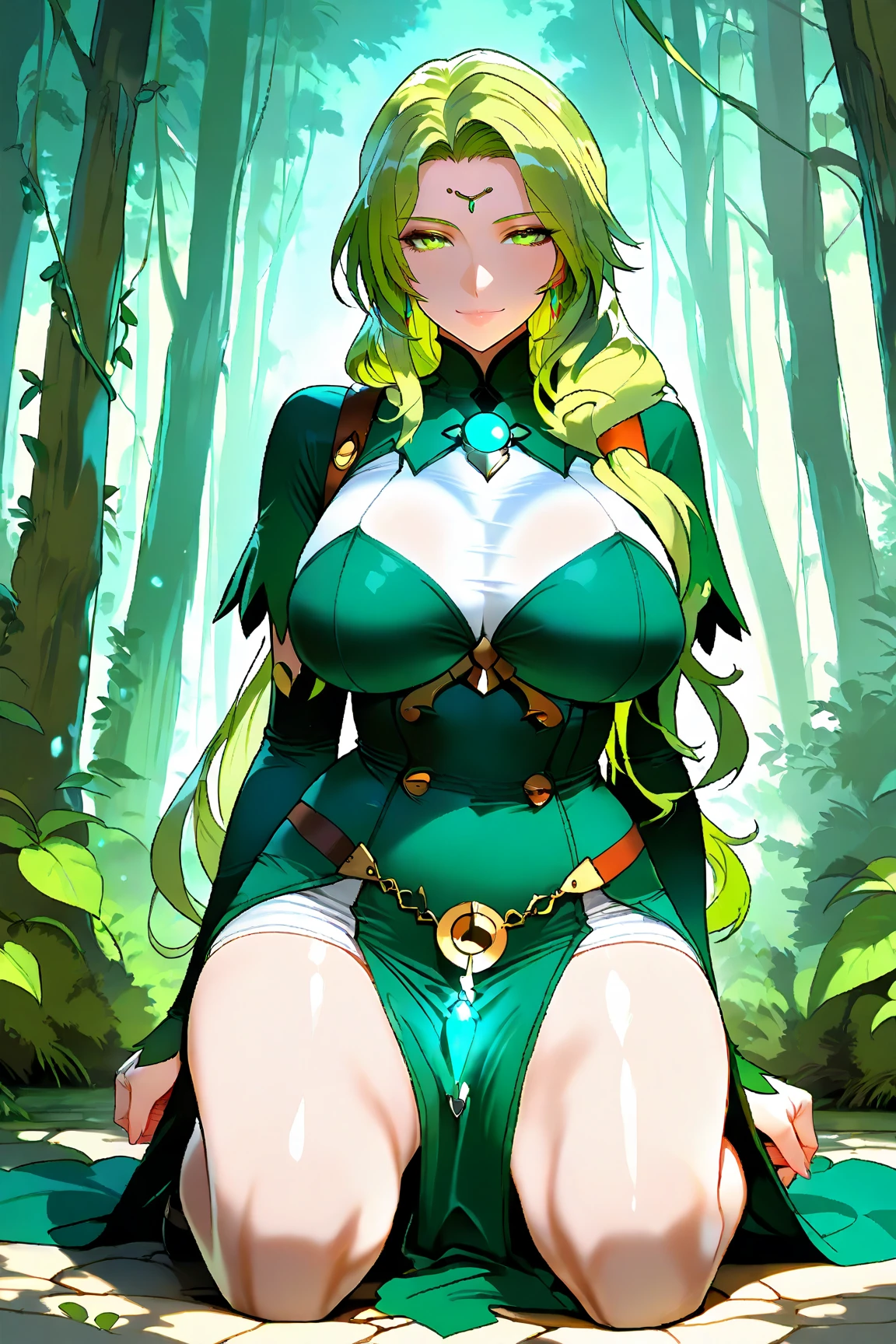 (((((Massive Female Bodybuilder))))), ((Masterpiece)), ((Best Quality)), Elven female, ((((Huge breasts)))), green long hair,Big waves,Bronzed complexion,heroic look,Indian civilization,archer, shaman,hunters,Tattooed with,Facial details, The face is delicate,Animal skin skirt,Green hair,ln the forest,depth of fields