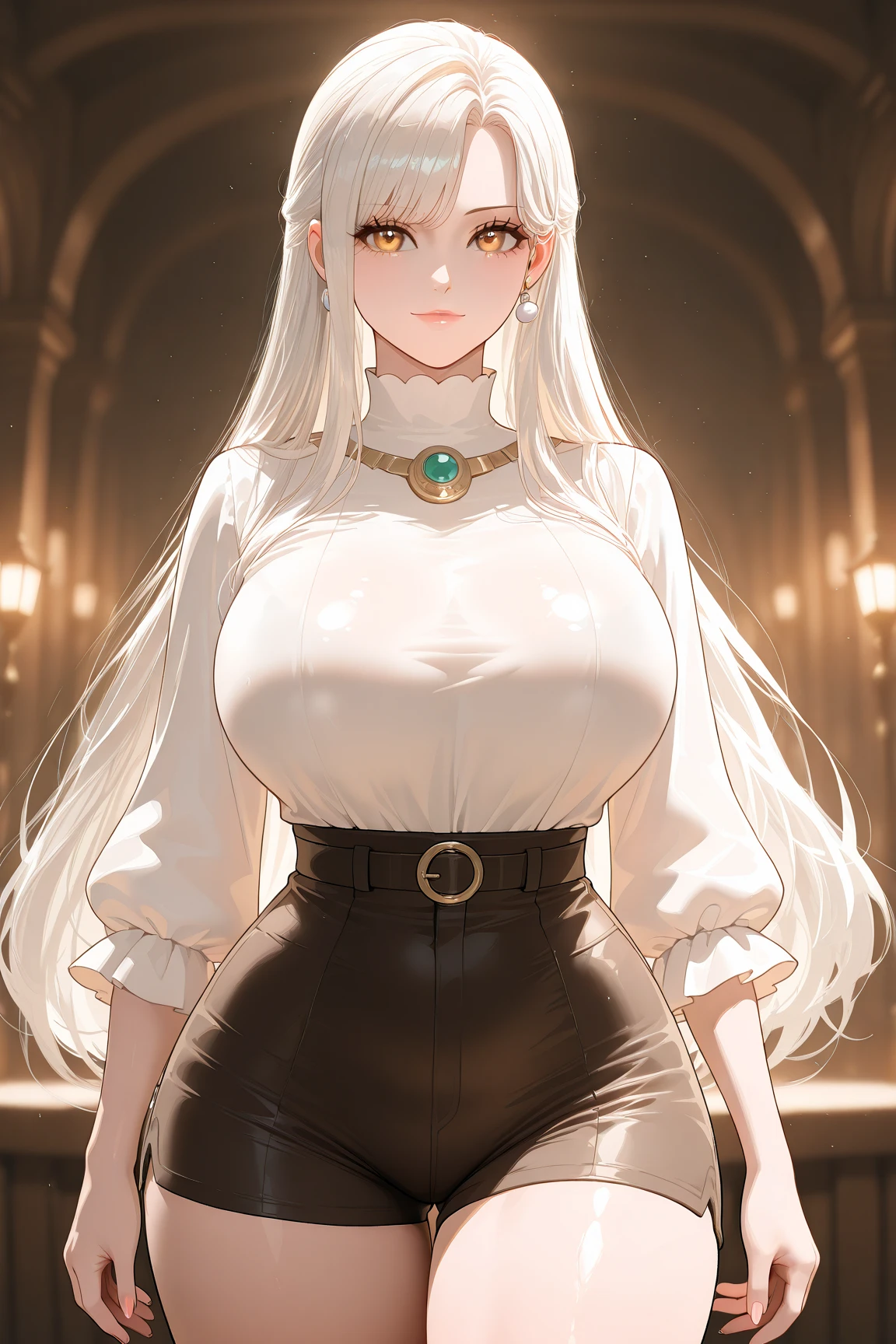 Cute Farmgirl with Braids. ((White haired woman, milf woman, long hair)), Perfectly round face. Beautiful cute face, Big beautiful voluptuous lips, charming beauty, ((gentle expression on your face)), ((Beautiful Big, detailed yellow eyes)), Waist slender, Broad Hips ((adventurous outfit, black blouse, leather pants, waist long)) (highy detailed)),offcial art, Award-winning digital painting, digital illustration, extreme detail, 4K, ultra HD, Rococo, polished, Intricate, realistic fantasy art, sharp focus, conceptual artwork, arte por WLOP, artgerm, (2D vector illustration) Light, airy, hourglass figure. ellie bamber