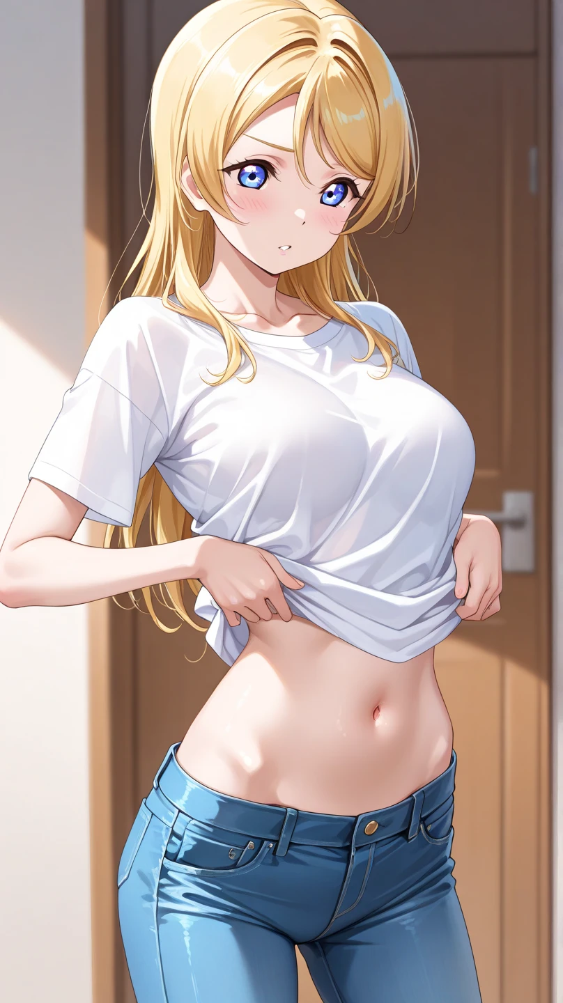 masterpiece, best quality, One Woman,solo,27 age, long hair, blonde hair, brown eyes, large breasts, jeans, standing,topless, blue pants, upper body, looking at viewer, love hotel room,night