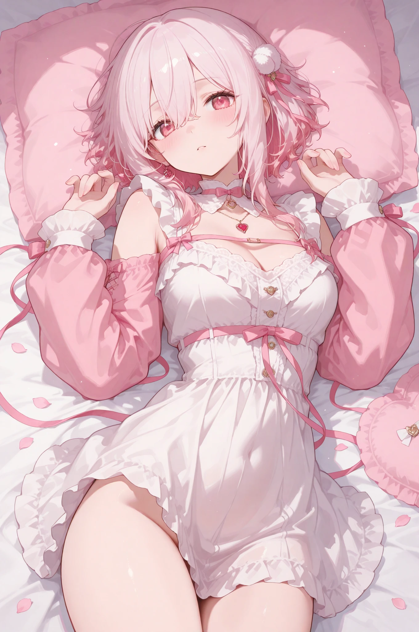 1girl, white medium hair, light pink eyes, center parted hair, cute, blush, medium breast, short dress, Underwear is visible, low angle, bedroom, open legs