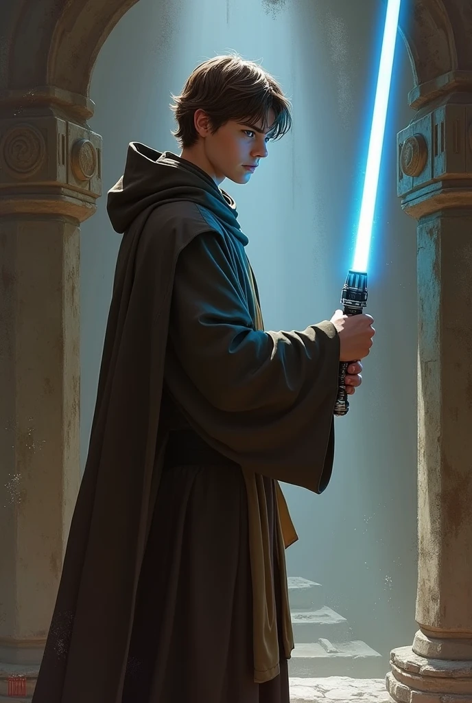 A character that is the fusion between Luke Skywalker and Harry Potter, with Harry Potter's forehead lightening scar, holding lightsaber as wand, full body, wearing round glasses