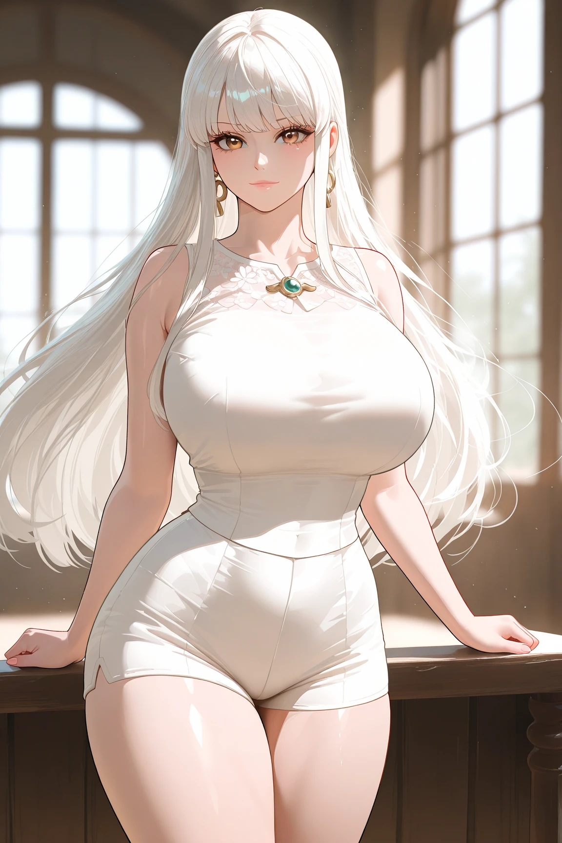 Portrait, magazine cover, outdoors, bokeh background, depth of field, beautiful woman, woman, red lips, very long and straight silver hair, straight bangs, silver eyes, white sleeveless blouse, very tight white pants, earrings, choker ( huge breasts) (masterpiece), (best quality: 1.2), absurd and intricate details, (highly detailed skin: 1.2) (cowboy photo),