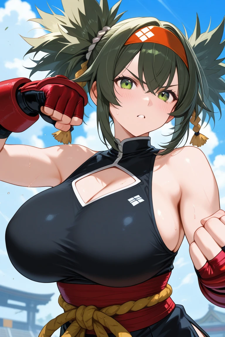 ((extremely detailed illustration)), highres, ((extremely detailed and beautiful background)), (professional illustrasion), (official art), ((Ultra-precise depiction)), ((Ultra-detailed depiction)), (beautiful:1.2 and aesthetic:1.2), beautiful detailed, intricate:1.1, nice hands, perfect hands, zentangle, 
(young girl), ((kawaii)), baby face, (highly detailed beautiful face and eyes, big breasts, firm breasts), oily skin, ((black hair)), ((black eyes)), ((bob with (short ponytail hair))), thin pubic hair, cute lovely, (cheerful disposition), 
((simple clothes)), (((green:1.3) (highleg:1.3) bodysuit)), ((sleeveless:1.3)), (((red:1.1) combat gloves:1.1)), (combat boots:1.2), ((red beret:1.2)), ((bare legs:1.3)), 
A panoramic view from a high-rise building capturing the modern architecture, skyscrapers, bustling streets, and a network of roads with vehicles.,