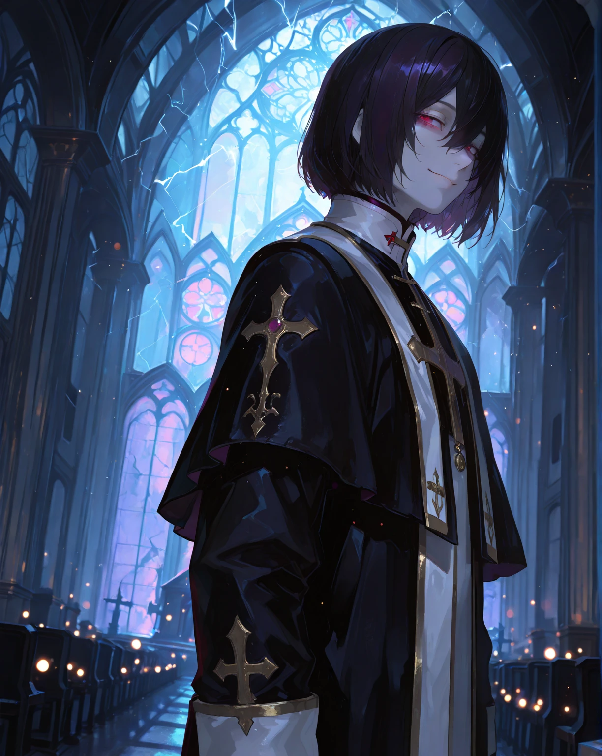 dark room , priest , cleric , young boy ,  royal garment , cultist leader , dark crown , death cross, wear mask , demon sword , angle statue in the back , church , dark cultist , demon head , blood splatter