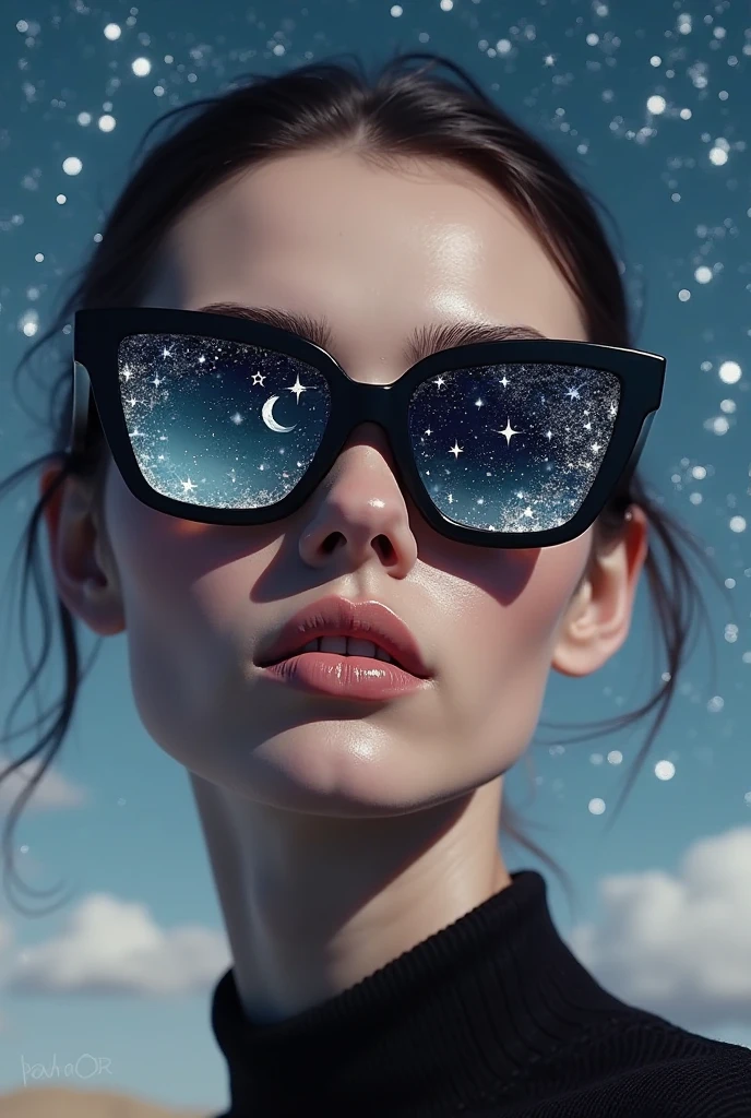 Model wearing glass sunglasses,There are stars and moon on the lens