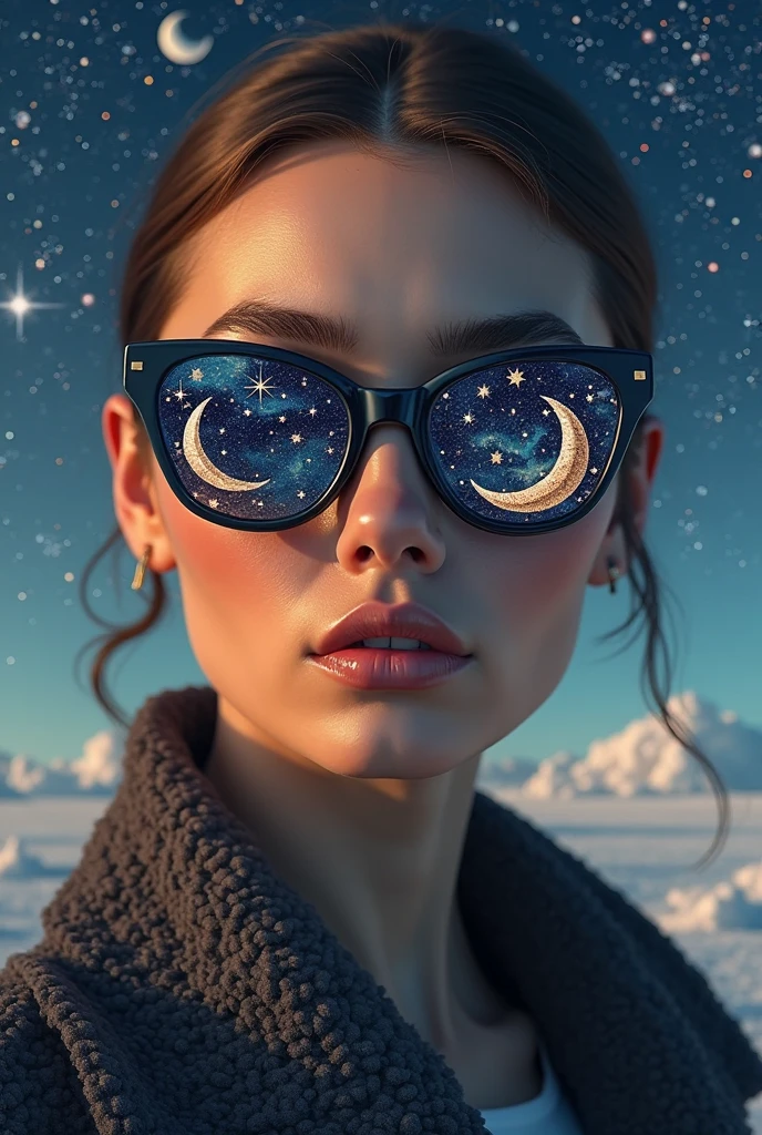 Model wearing glass sunglasses,There are stars and moon on the lens