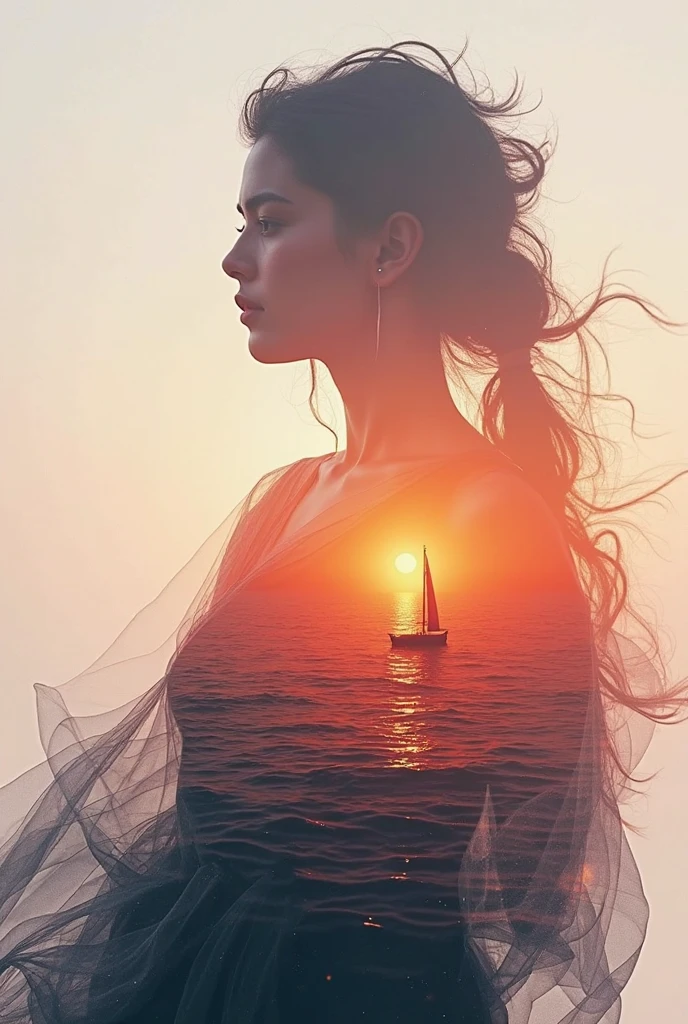 high quality，8k ultra high definition，美丽的Doubleexposure，Combining the silhouette of the goddess with the sunset coast， sunset coast should be used as the bottom background，Details are integrated into the silhouette of the goddess，Clear lines，The background is a monochromatic ，Focus sharp，Doubleexposure，Created by yukisakura，Gorgeous full color