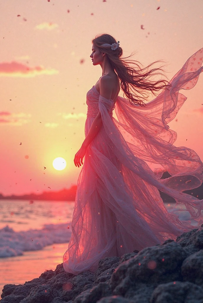 high quality,8k ultra high definition,美丽的Doubleexposure,Combining the silhouette of the goddess with the sunset coast, sunset coast should be used as the bottom background,Details are integrated into the silhouette of the goddess,Clear lines,The background is a monochromatic ,Focus sharp,Doubleexposure,Created by yukisakura,Gorgeous full color