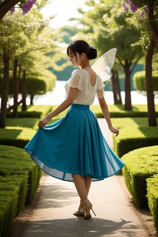 , lady dancing among the flowers，The skirt is light and flowy，Like a fairy in a wonderland。