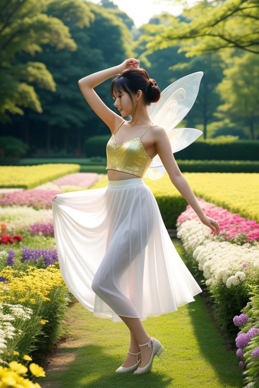 , lady dancing among the flowers，The skirt is light and flowy，Like a fairy in a wonderland。