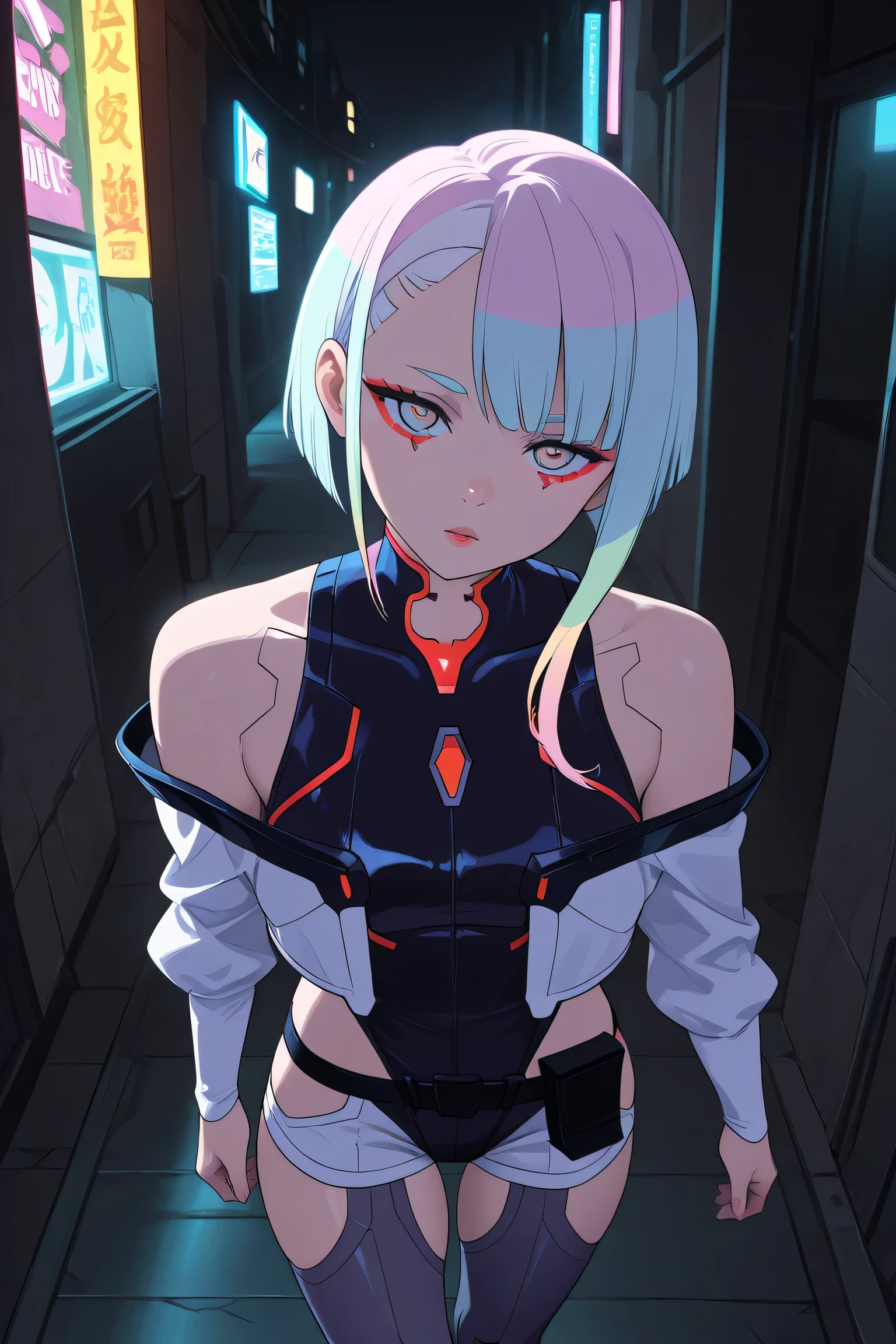 Lucy Cyberpunk ,1girl, head tilt, confident, standing, walking straight, looking at viewer, viewer's perspective, masterpiece, best quality, dark background, view fro middle