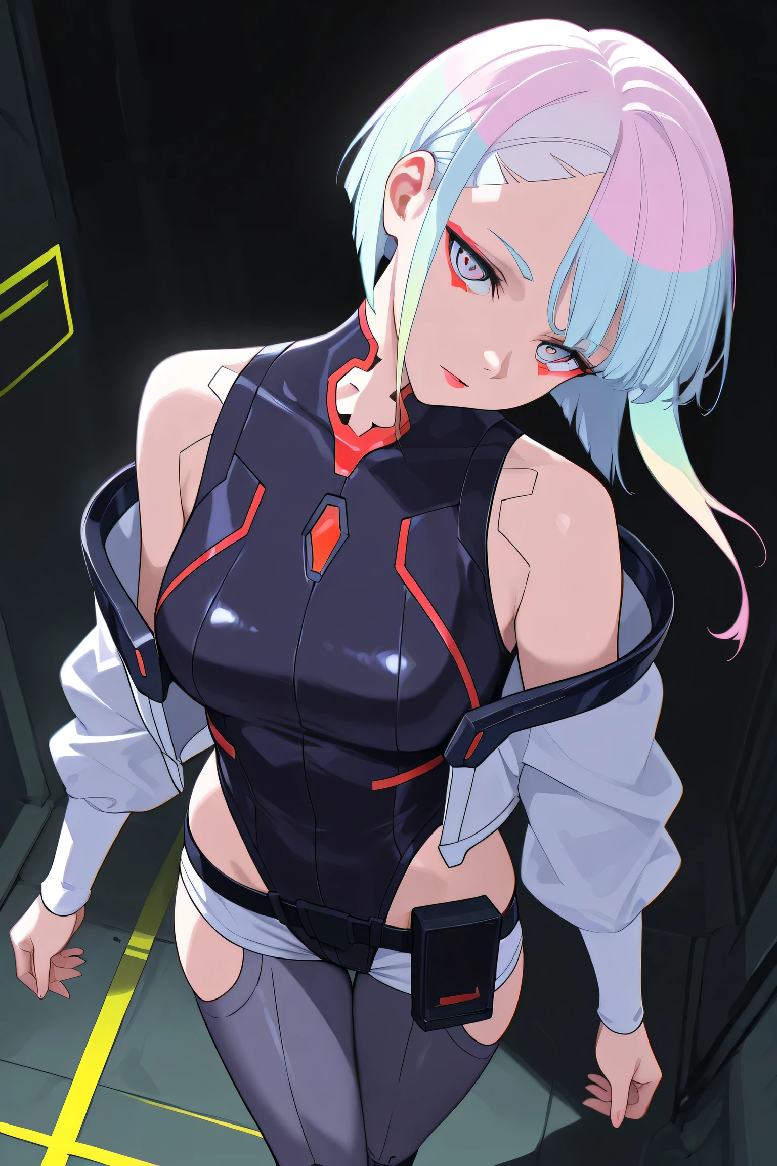 Lucy Cyberpunk ,1girl, head tilt, confident, standing, walking straight, looking at viewer, viewer's perspective, masterpiece, best quality, dark background, view fro middle