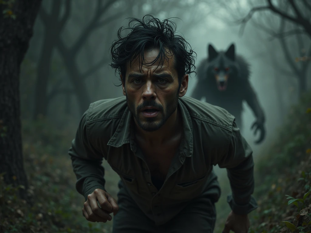 A man dreaming and sweating because he sees a werewolf stalking him