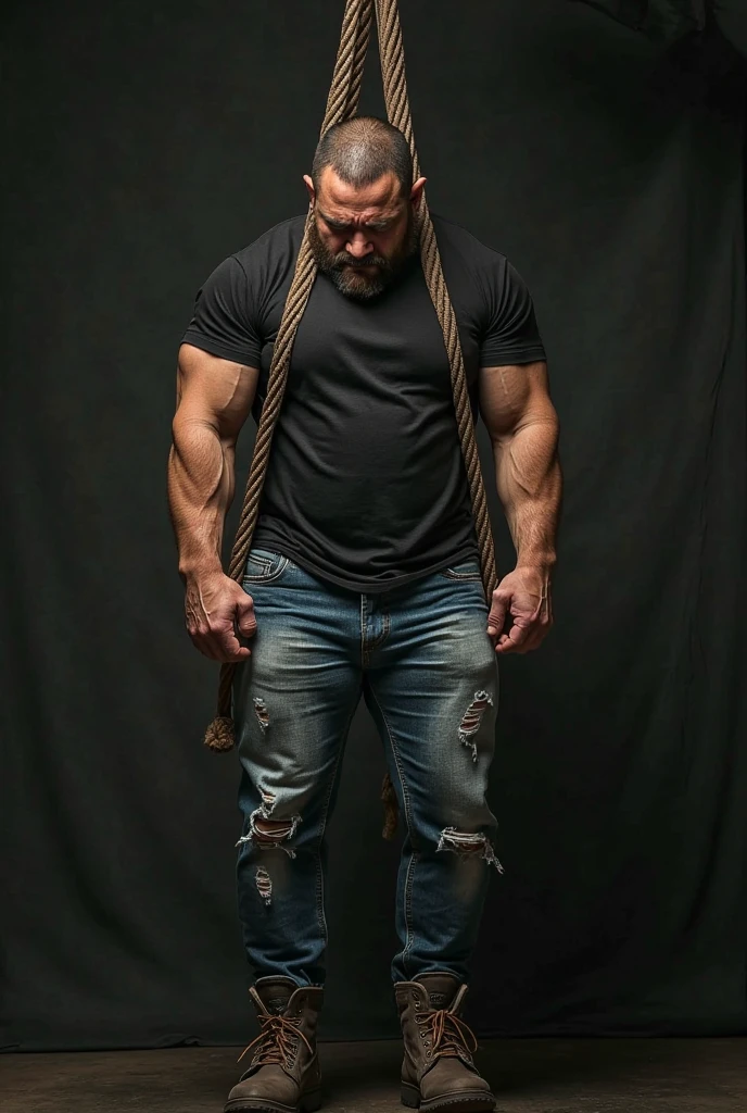 Award-winning original photos, 1man, wild muscular man, (40 years old daddy:1.1), burly, hunk, hot, big shoulders, musculature, wearing a skinny leather shorts, big bulge, hairy chest, sweaty, steamy environment, ((tired, challenging gaze)), In a morbid setting, (standing with hands tied above his head to an iron bar stretching from wall to wal), tense, defiant look, narrow dungeon as a setting, shot from down, Cinematic lighting, Masterpiece, RAW photo, Intricate details, hdr, (Best quality, A high resolution, Photorealistic),
