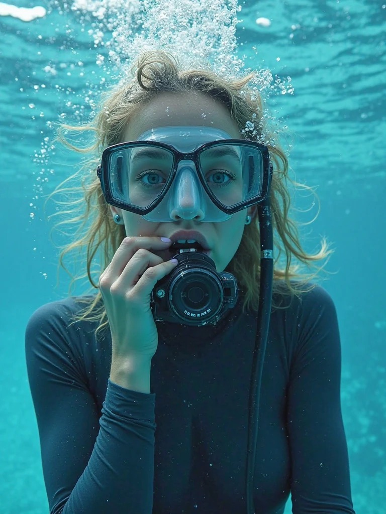 portrait of a beautiful female scuba diver under water, fish eye view, perfect eyes, perfect face, perfect skin textures, deep cleavage, perfect hands, perfect fingers