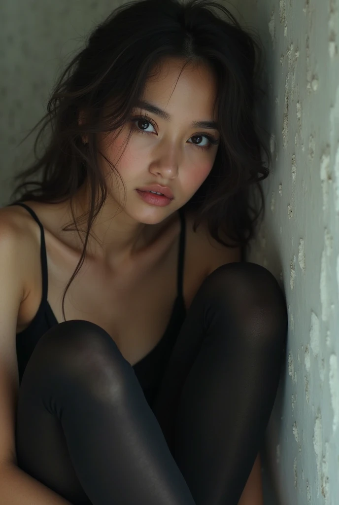Realistic、A beautiful woman of average build、Crouched down, looking at me