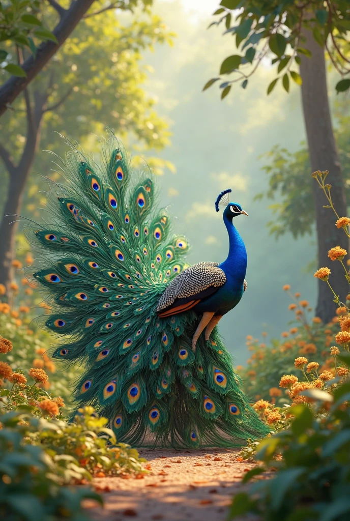 A peacock dancing on the stone beside of the stream. The morning sun is shining. The water falls is staying on the mountain. Vector photo.