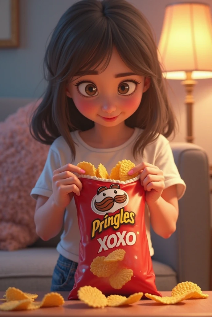 A shocked boy looking front and holding 2 chips pack in both hand