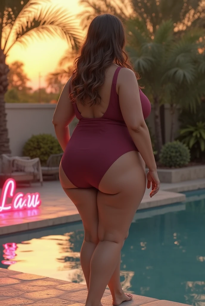 fat ssbbw curvy bottom heavy pear shaped wide hiped british women, 30 brunette, they are standing together near the pool, they are wearing floral one piece, swimsuits , view from behind