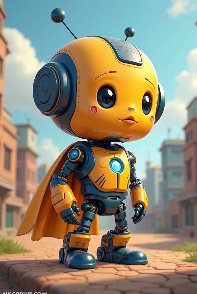 make a cute children's A.I robot, male, face wearing glasses, nose and mouth uncovered, use orange and black, black shoes, wear a helmet and glasses, pointing straight at the camera, use a white background. (HD, 8K, futuristic, 3D, details)