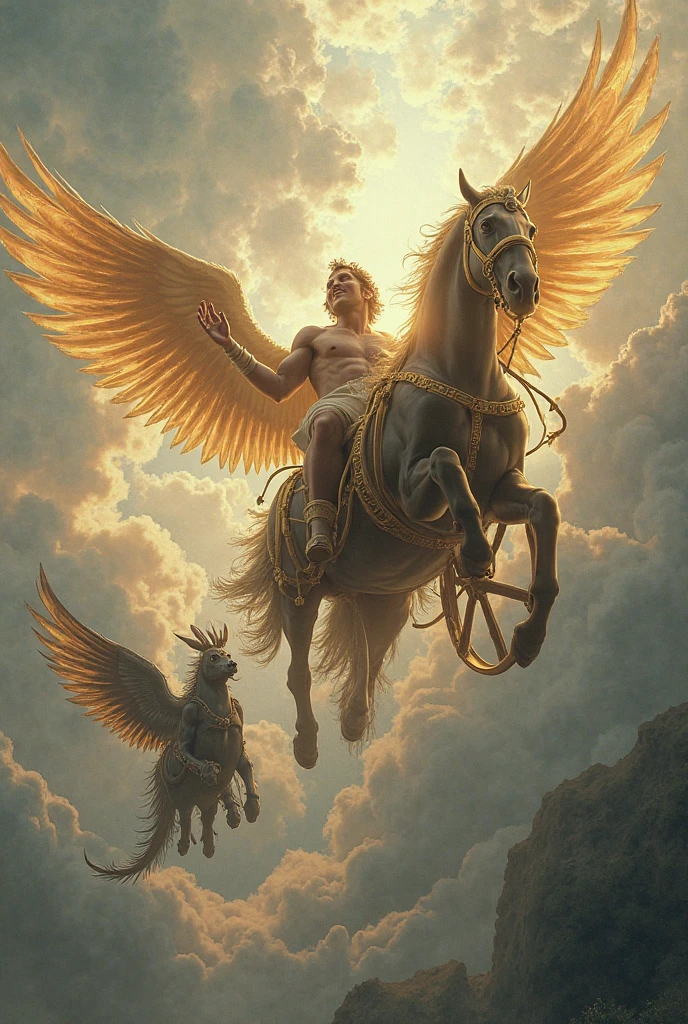 painting of a man on a horse with a winged halo, mythological painting, the god hermes, pegasus, male centaur centaur chimera, inspired by Charles Le Brun, neo-classical painting, centaur from greek mythology, neoclassical painting, cheval michael, woman riding a flying unicorn, mythology artwork, barroque painting, neoclassic painting