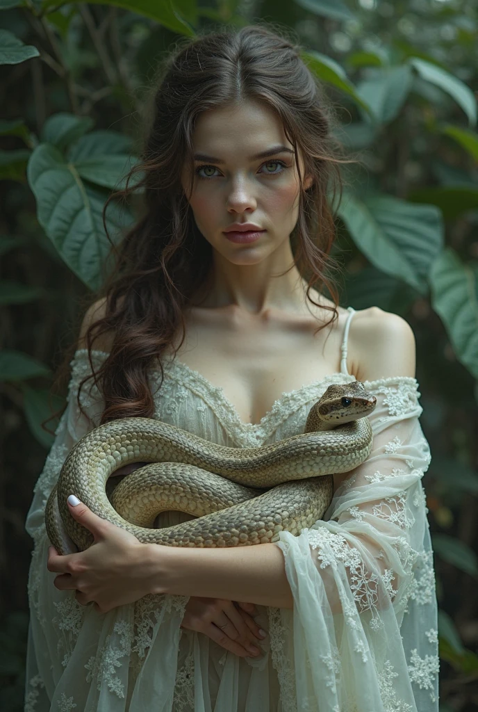 The woman gently removing the thorn from the snake's back and cleaning the wound with a cloth.