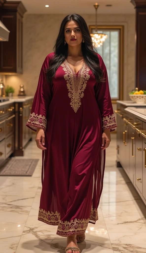 Muslim Woman, 25 year old, curvy in simple red silk v neck nighty full length without prints, night time, mountain village, calm and sweaty, detailed full body, big ash,big breasts,sexy figure, detailed face, gorgeous, ultra realistic, charming, cute, long braided hair, ambient lighting, foggy, winter, detailed background, volumetric lighting, shadow, 8k