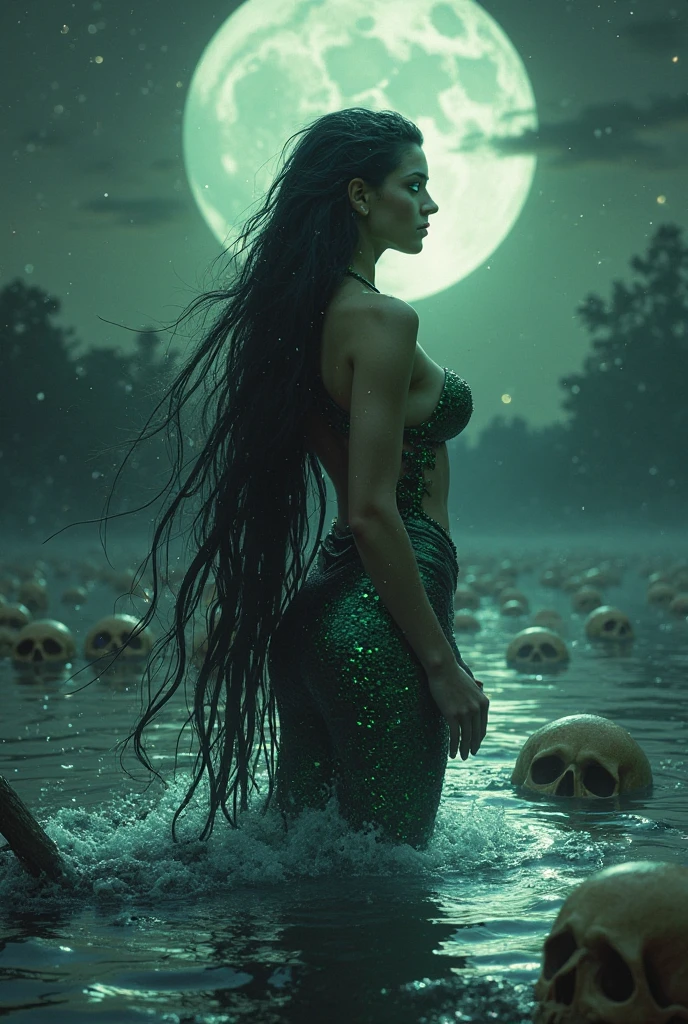 horror Reflective art style Yigal Ozer and Kelley Jones. By the night lake, a beautiful mermaid queen in a shiny dress. her reflection is a frightening half-decomposed dead skeleton. Sharp Focus on the reflection in the lake. Horror, scary, gloomy atmosphere, frightening moonlight. Hyperrealism. A masterpiece. anatomically perfect, High Resolution, High Quality