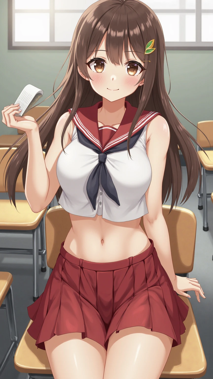 ((masutepiece, Best Quality, hight resolution, nffsw, Perfect Pixel, 4K, nffsw, nffsw))), 1girl in, Single, Solo, Beautie、full body seen、 ((Middle Wave Hair, Bangs, Brown hair)), ((Brown-eyed, Beautiful eyelashes, Realistic eyes)), ((Detailed face, Blushing:1.2)), ((Smooth texture:0.75, Realistic texture:0.65, Photorealistic:1.1, Anime CG style)), medium breasts, Dynamic Angle, Perfect body, ((Santa Claus Costume、Red knitted hat、red and white off shoulder sweater、red and white flared skirt、Black garter stockings、Kamimei、Shy smile、See-through nipples)), Classrooms without people、Sit on a desk、Lower'I took my foot off the desk.................、early evening、、((Angle looking up from below))、Very embarrassing panic smile、Lift your chest with your hands、Open both legs、Open your knees wide、sexy pink floral lace panties)、