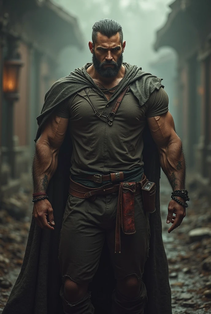 1 men, handsome american man, focus only, 25 years old, toned body, beard just on the chin, medium black hair, intricate assassin costume, with a black cape on one shoulder, with some broken armor pieces, Lean and muscular body, dark shaped eyes, sitting on a rock drinking water from a gallon, work of art, ultra HD, 8K detalhes insanos, realisitic, face detailed, Detailed texture skin, nblurry background, wasteland, 8K, cinematic lighting.