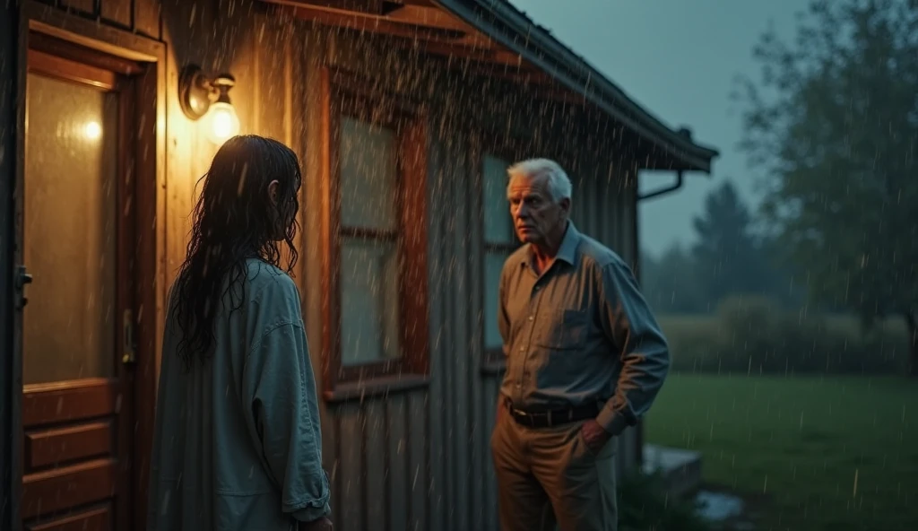 An admin is sitting at a roadside site at night, and a beautiful, tall girl carrying milk is passing by on the same path. The girl is very frightened, and the man, who looks like a drunkard, is staring at her with a lewd gaze. The background is completely empty and desolate. The man is elderly, thin, and dark-skinned, and the girl is very scared."