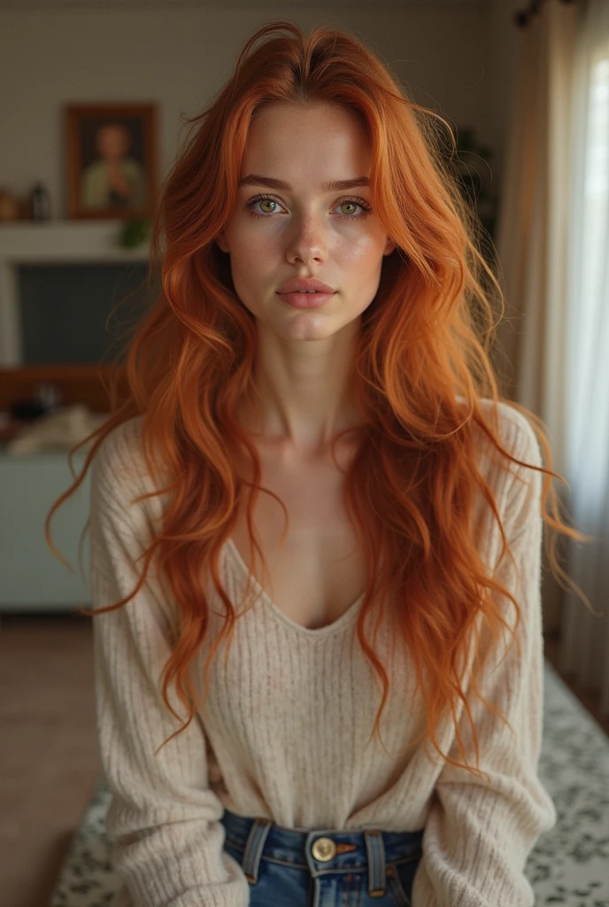 generate a natural white, red hair, green eye, smooth skin, sexy and hot women model with all the details, 8k