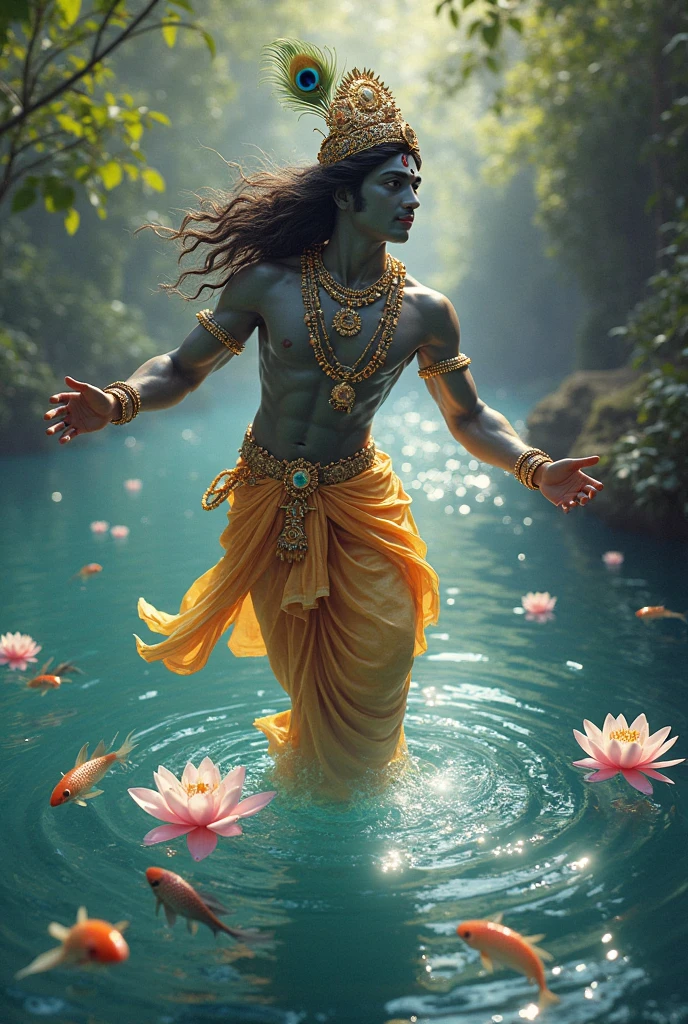 HQ drawing of a beautiful man with a golden net around his body underwater with golden fish.