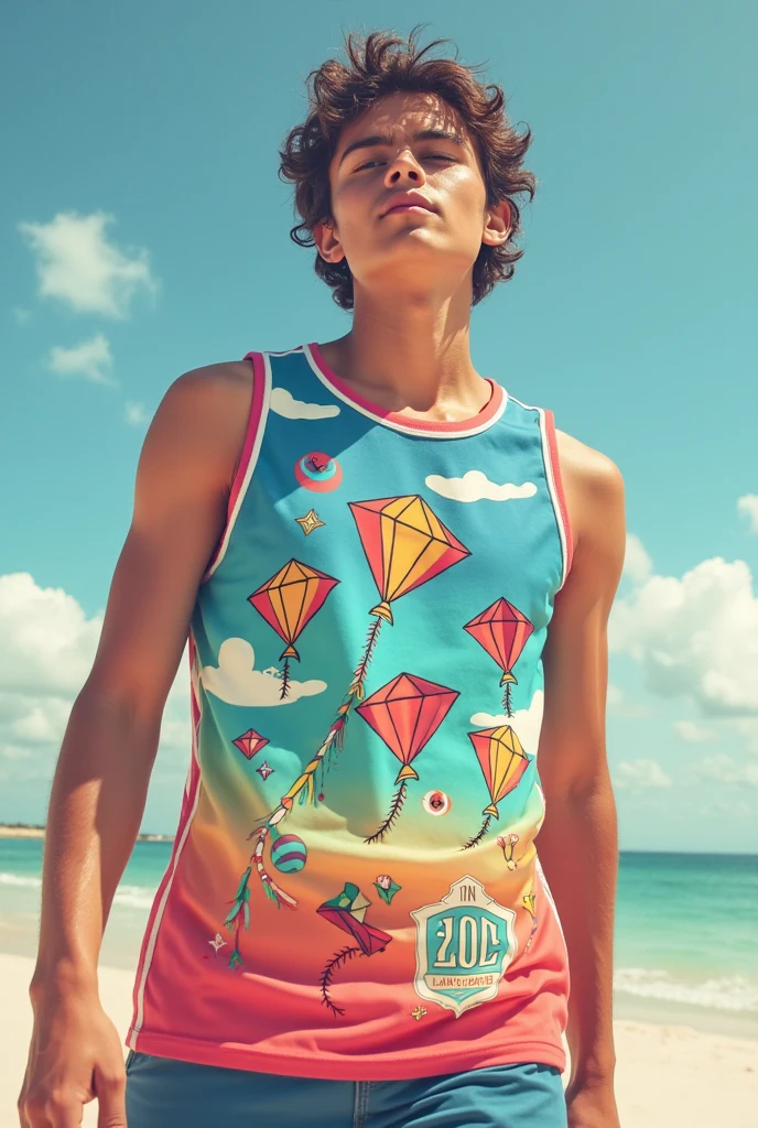 A handsome 27-year-old tall white young man in a men's fashion show on the beach shore wearing a de arco iris swimsuit with a beach ball in his hand. Many people applaud him and bubbles are around him. Tight boxer shorts in the color arco iris flag. Unshaved, white, tall with black hair flaquito