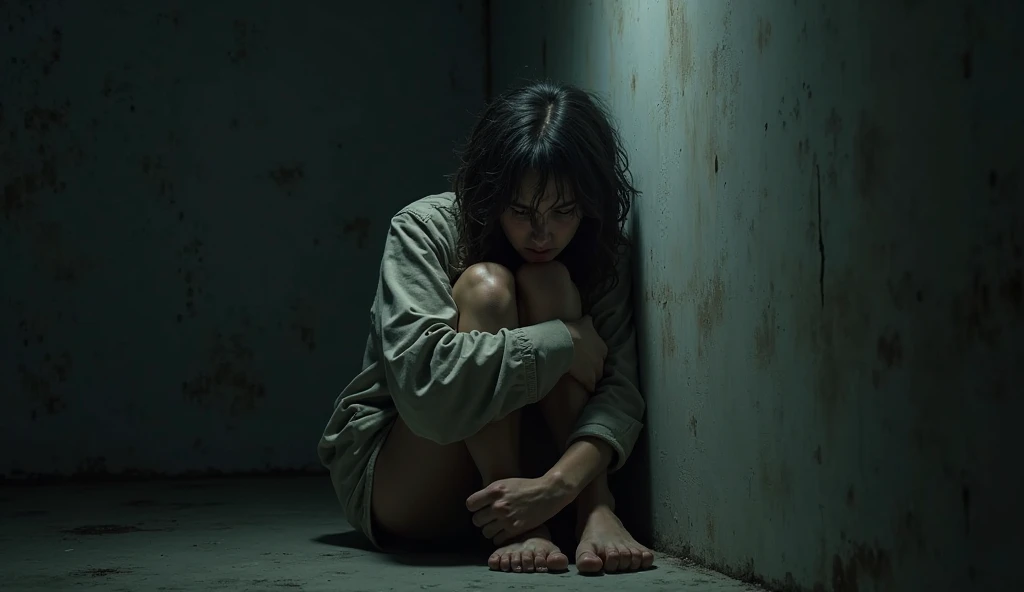 A woman sits crying in the corner of the room with her legs chained, sad and pitiful.