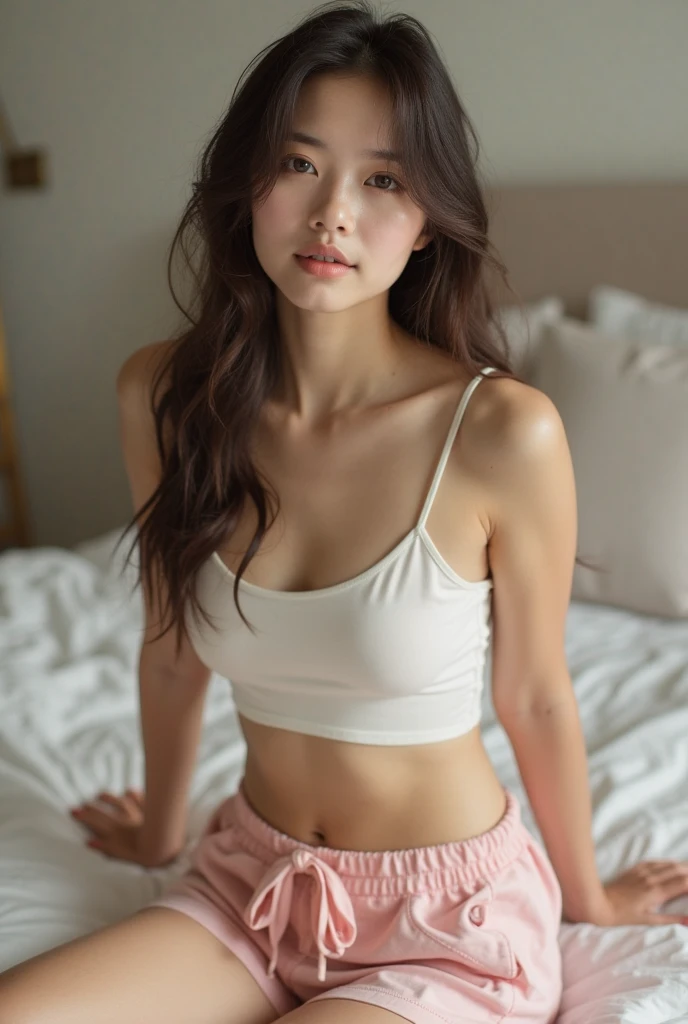 A pretty jaanese girl sitting on her bed in a crop top and baggy pajama pant with long black curly hair realistic