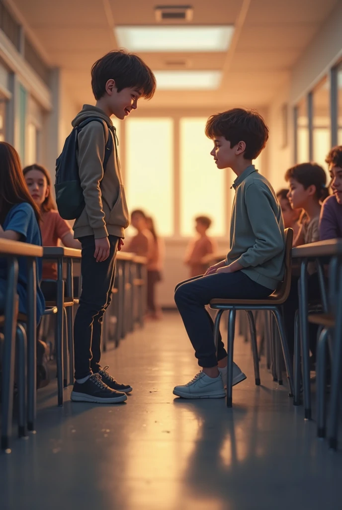 Could create an image of two people sitting side by side in a chair? Showing only their feet and two desks side by side in a classroom, without showing their faces and they are facing the image