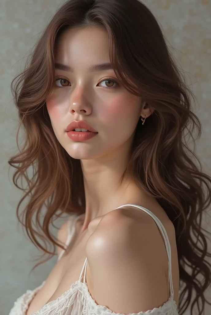 (((ultra realistic))) Photo, masterpiece, top quality, (pale skin), (Ultra detailed face and eyes:1.2), Bright eyes, 1 girl, brassiere, near window,sunrays on face, (Eye makeup, mascara) , ((Dark wavy hair)) , ((Stylish hairstyle)) , (Natural medium size breasts), (A slight smile), ((Posing)), photoshoot, studio (Contour lighting), (The play of light and shadows), depth of field, bokeh, (special attention to skin detail: 1.2), Detailed leather texture, skin pores. ( color scheme - black, Gray, Ashen, yellow tones)), ((Film grain, VHS effect)), ((rays)) , ((waist up portrait, close to the camera)) , ultra detialed,