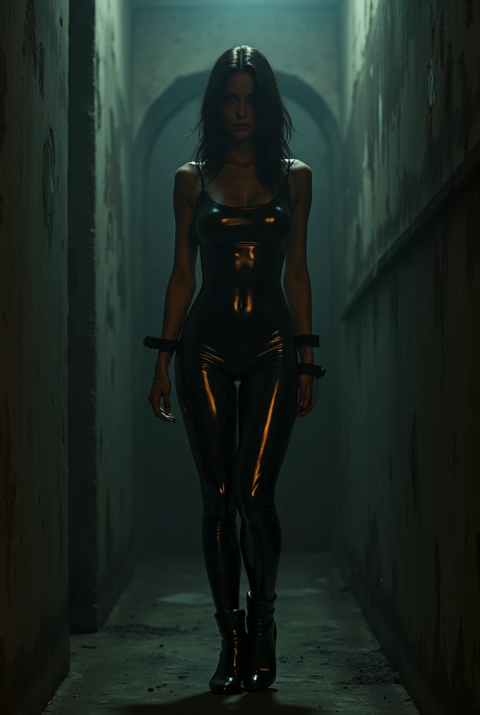 (nsfw:1.4), masterpiece, Best Quality, hyper Realistic, A mysterious and sophisticated beautiful model, identity hidden, all body shot, with blue eyes wears futuristic and sexy fashion art. 18-years-old, beautiful and sexy Japanese girl is climbing at a wide angle, standing and random posing, with her full body in frame. She has an ultra-slim waist, Breasts in a high position, large firm breasts, a large-sized buttocks, showcasing sculptural beauty. gray arranged hair, light color eyes, Realistic skin, Detailed face, , small head. /// detailed clothes, Her outfit includes see-through BLACK high-legs bodysuit, black Low-rise leggings, (waist skin), adding a minimalist beauty., She accessorizes with futuristic accessories and wears technical sneakers. Her demeanor exudes harmony and striking simplicity, The wear hugs her body tightly, accentuating her curves and digging sensuously into her skin, /// small head and face, Detailed wide Duck mouth, half open mouth, perfectly aligned teeth, perfect beautiful wide teeth, light blue eyes, half open eyes, shiny Droopy eyes, looking other, /// She is situated within the interior of a futuristic colony, in the deep night, with mist drifting and steam rising from concrete
