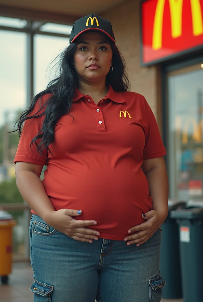 Pregnant woman waddling in a fast-food restaurant, photo