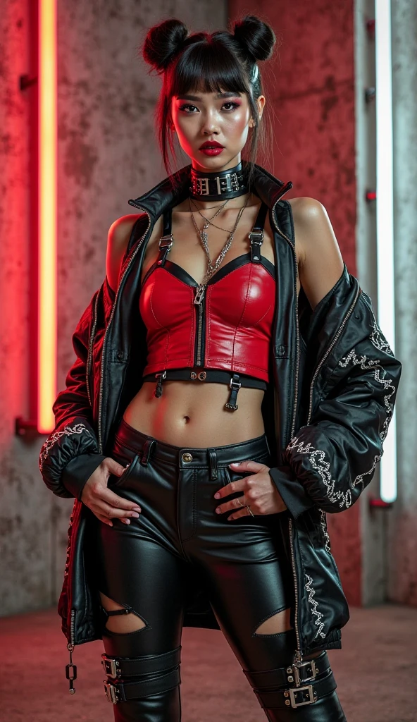 Harley Quinn dominatrix, slim body, small breasts, erotic, realistic, close-up full body shot, detailed facial features, intricate tattoos, dark moody lighting, backlight light, atmospheric background, dramatic poses, cinematic composition, high contrast, vivid colors, (best quality,4k,8k,highres,masterpiece:1.2),ultra-detailed,(realistic,photorealistic,photo-realistic:1.37)