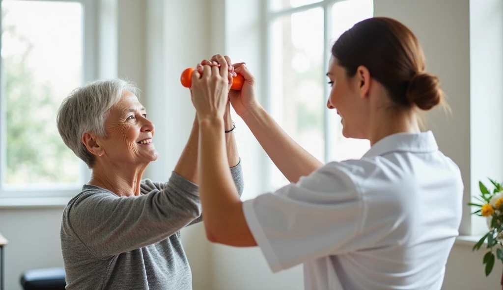 create an image where a specialist, without stethoscope, has the patient flex the patient's arm as in the attached image. The patient should be lying down