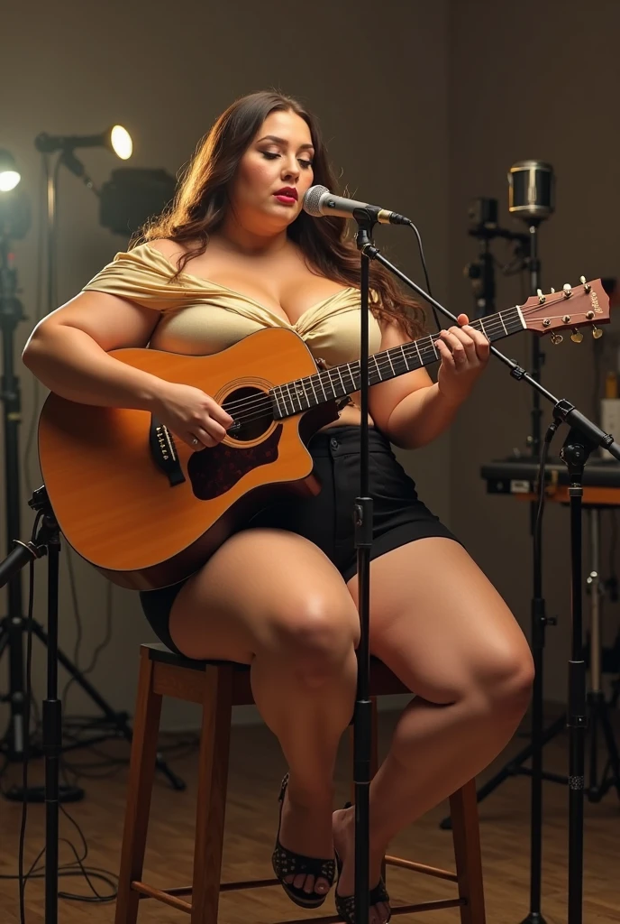 lucy pinder, voluptuous woman, ((VERY INTENSE MAKEUP)), (Adele), cleavage, brown hair, very curly hair, white blouse, (orange sweater), (blue jeans), glasses, chubby woman, playing guitar, singing, smiling, red lipstick
