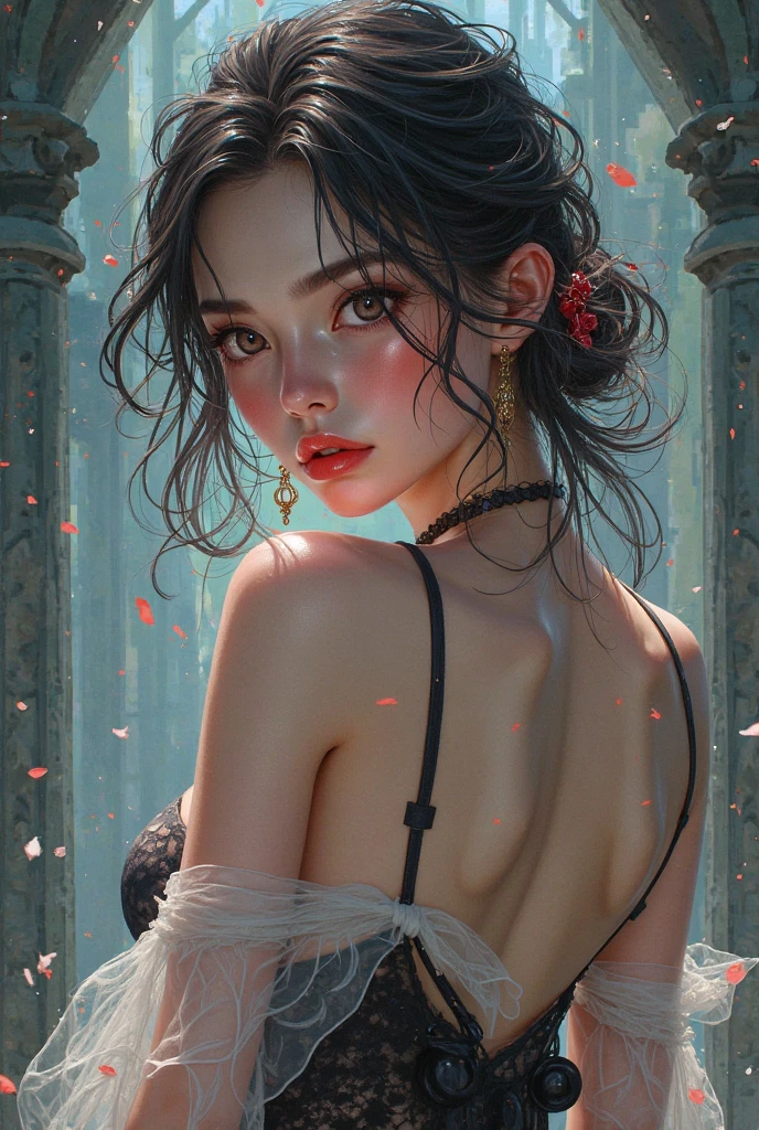 (RAW Photo, Best Quality), (Realistic, Photo Realistic: 1.3), Best Quality, Highly Detailed, Masterpiece, Hyperdetail, Illustration, 1 Girl, Forehead with Painting, upper_body, Dynamic Angle, World Masterpiece Theater, messy_long_hair, Best Quality, Extremely Detailed CG Unified 8k Wallpaper, Ink, Amazing, Cinematic Lighting, lens_flare,dunhuang_style