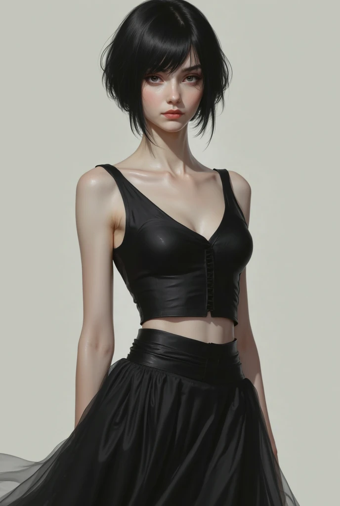 (best quality), 1boy, male, pale skin, black hair, short hair, tousled hair, messy bangs, bangs over eyes, blue eyes, perfect eyes, dark circles under eyes, lanky body, boyish, strong jawline, frown, attractive, goth boy, long sleeved black crop top, masculine body, black nails, black earstuds, masterpiece, anatomically correct, highres