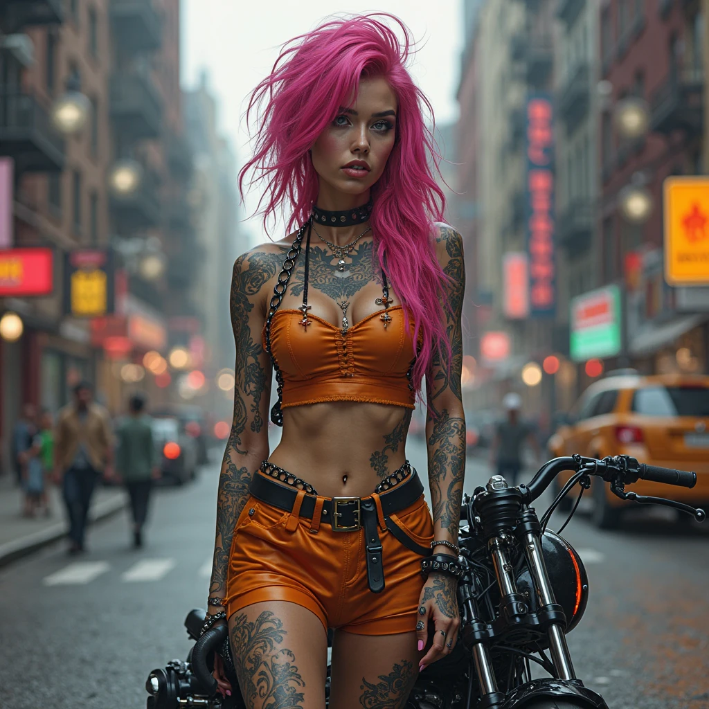 A girl with red hair, white skin and green eyes cyberpunk style, with dragon tattoos and half naked, that is full body on a high displacement motorcycle