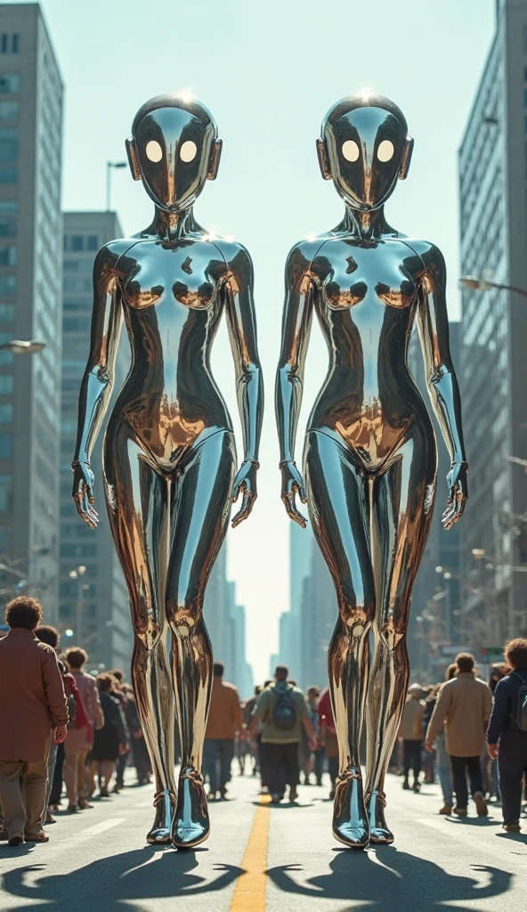 Two metal statues of a two-dimensional barefoot girl embracing each other
